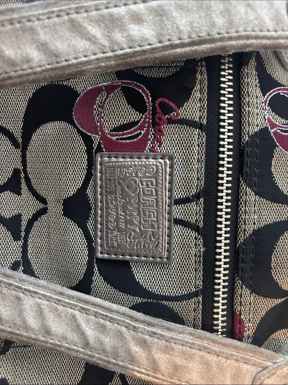 Coach Signature Poppy Large Canvas Tote in Khaki and Black with Pink Accents